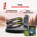 Pack Aventura Extrema = 2 Headlamps con Sensor + Power Bank Solar + Ebook Guía de Iluminación para Trekking