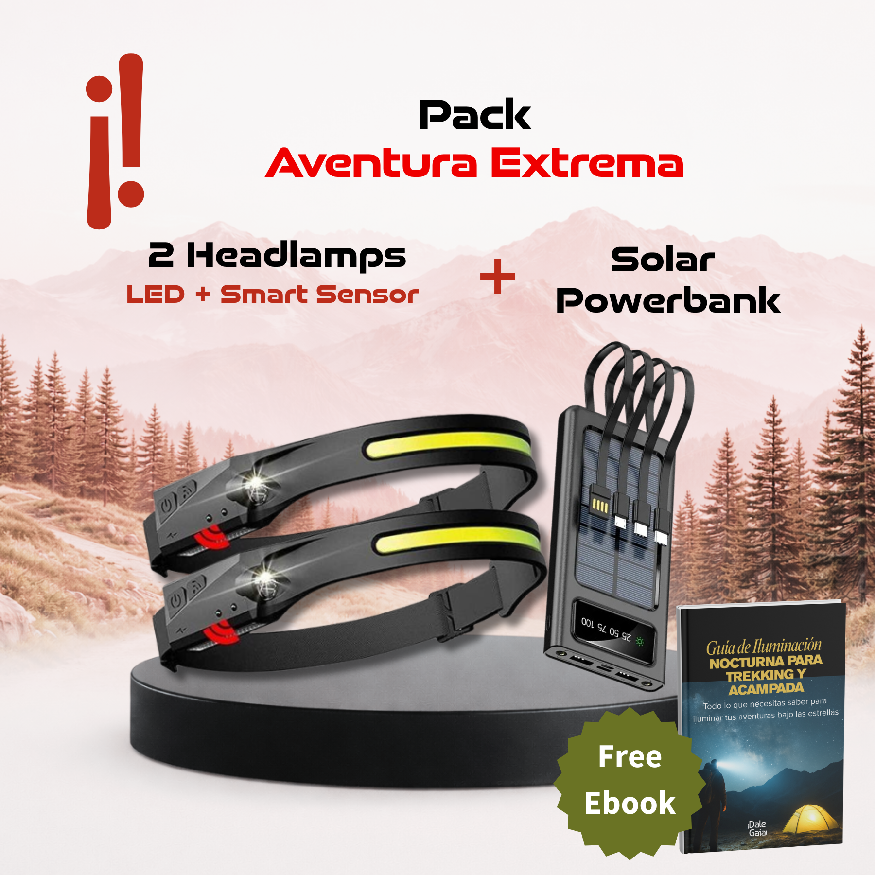 Pack Aventura Extrema = 2 Headlamps con Sensor + Power Bank Solar + Ebook Guía de Iluminación para Trekking