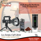 Pack Regalo para Aventureros - Linterna Potente + Powerbank Solar + Cafetera Expreso Portátil 3 en 1