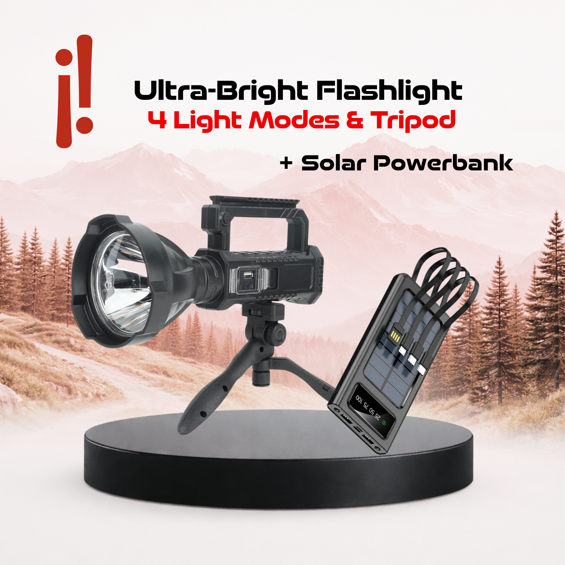 Total Light Pro – Powerful Flashlight with Tripod + Solar Power Bank