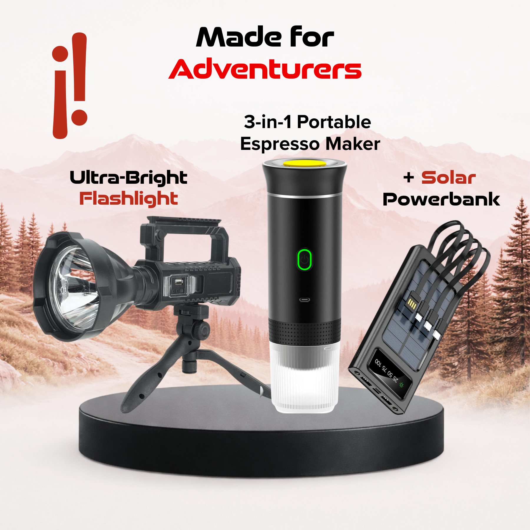 Powerful Flashlight + Solar Power Bank + 3-in-1 Portable Espresso Maker