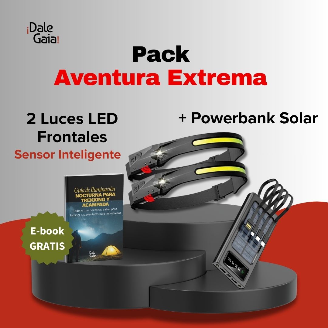 Pack Aventura Extrema = 2 Headlamps con Sensor + Power Bank Solar + Ebook Guía de Iluminación para Trekking