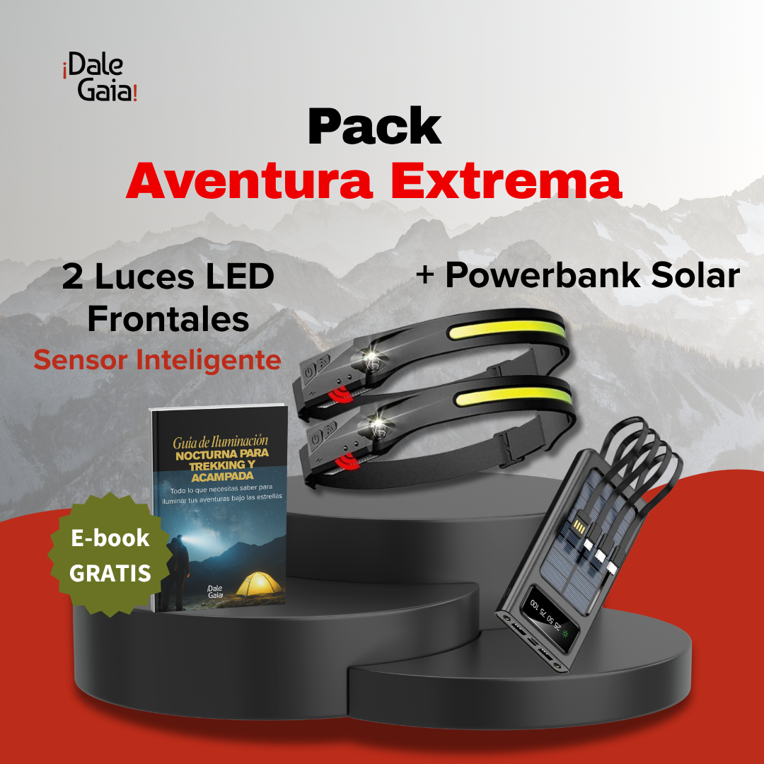 Pack Aventura Extrema = 2 Headlamps con Sensor + Power Bank Solar + Ebook Guía de Iluminación para Trekking