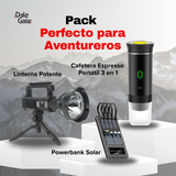 Pack Regalo para Aventureros - Linterna Potente + Powerbank Solar + Cafetera Expreso Portátil 3 en 1