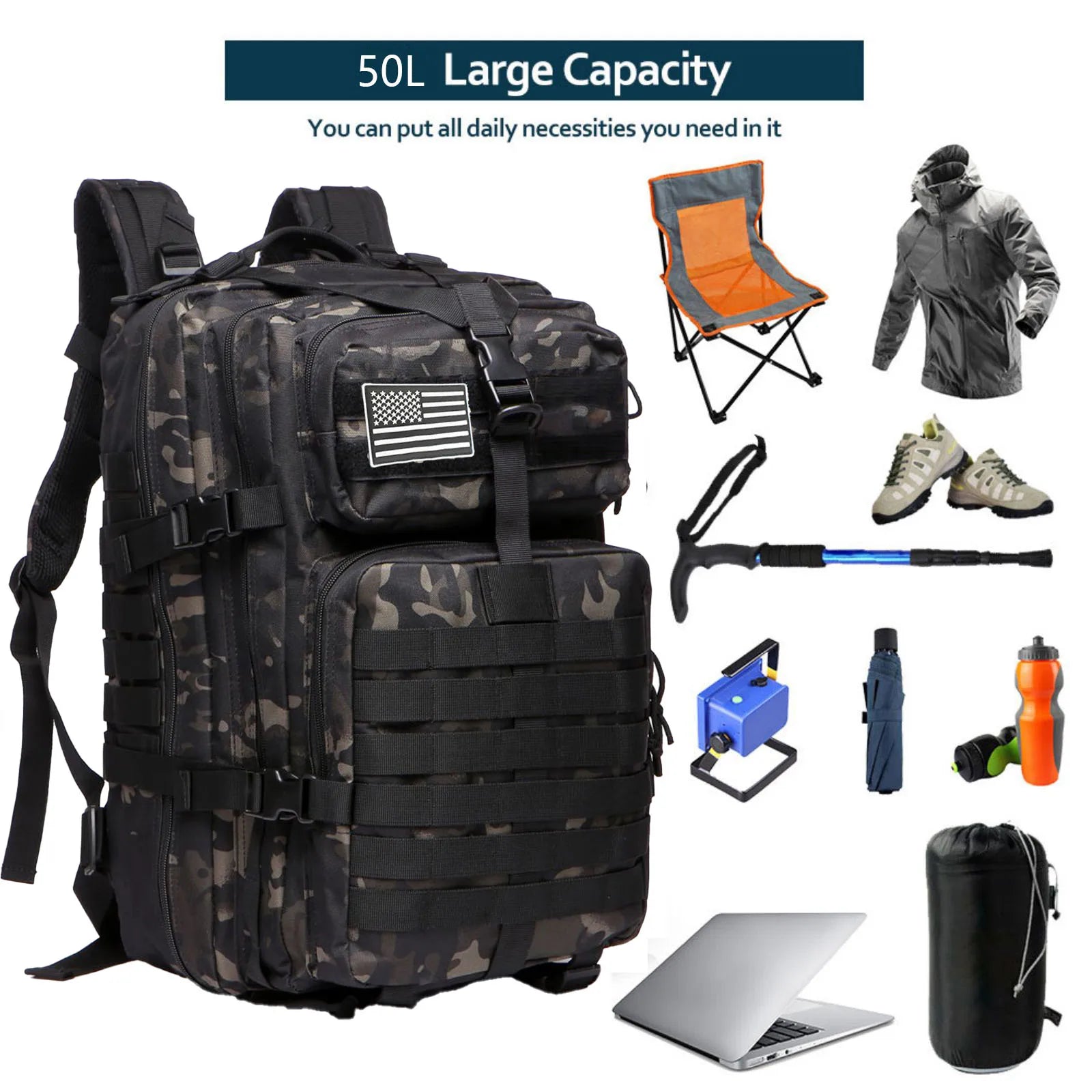 50L Waterproof Tactical Backpack for Hiking & Camping