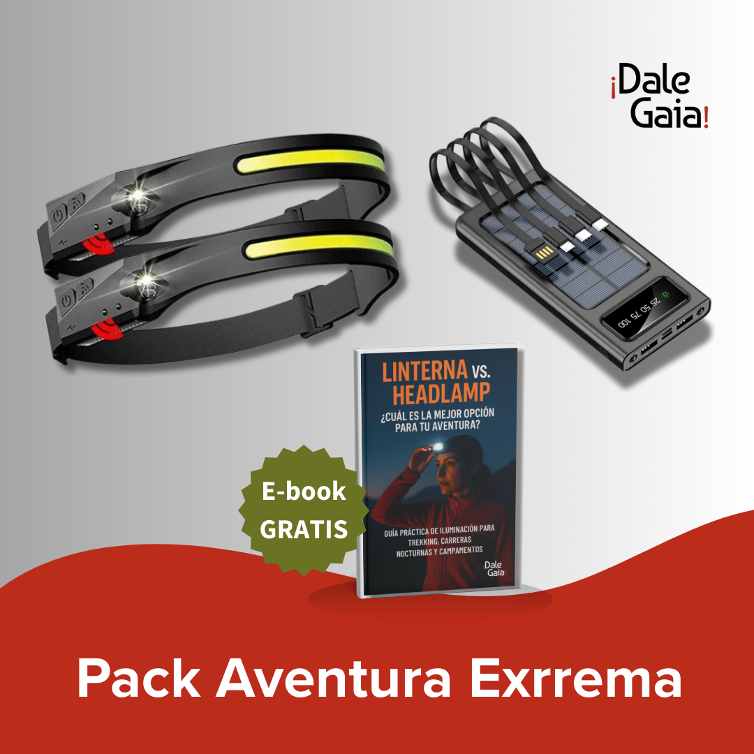 Pack Aventura Exrrema = 2 Headlamps con Sensor + Power Bank Solar + Ebook Guía de Iluminación para Trekking